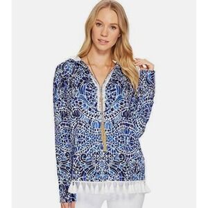 Lilly Pulitzer UPF 50+ Harmon Hoodie NWT Navy Taverna Tile Allover Print, Size S